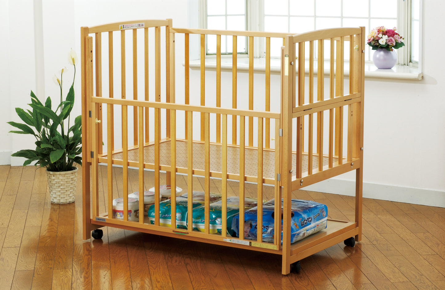 ハイタイプベッド ツーオープン ヤマサキ(Yamasaki) 標準サイズベビーベッド【レンタル|選べる3色|小物置き板付】